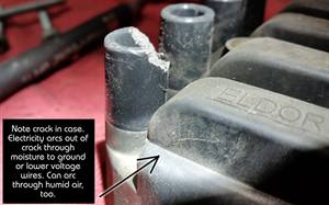 A cracked ignition coil pack.
