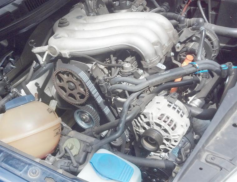 New timing belt installed, top cover removed for inspection.